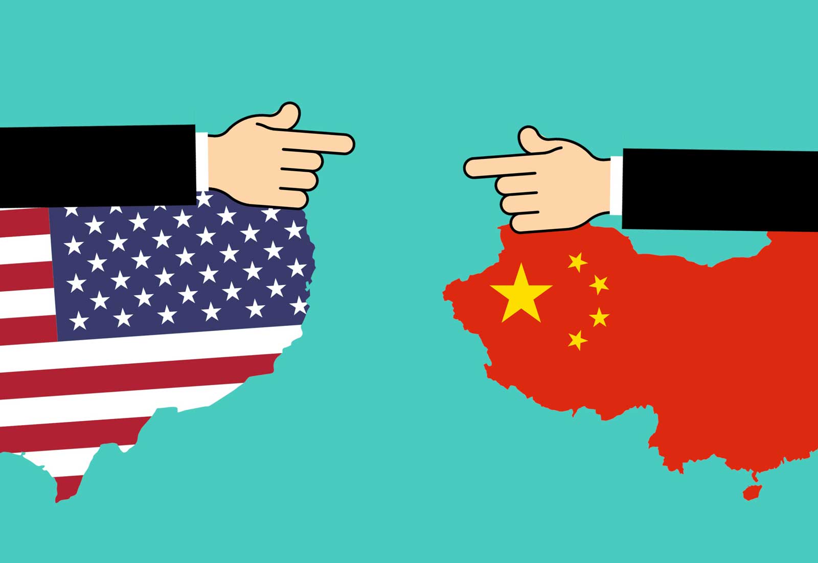 America and China represented as flags in the geographical shape of their countries, pointing at one another. 