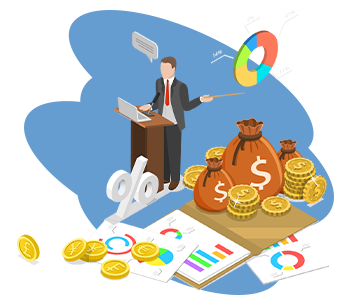 vector art of man speaking at a podium with bags of money and graphs