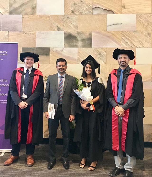 Medallist Ransi Weerasooriya with her father and her honours supervisors, Dr Christiern Rose and Dr Antonio Peyrache 
