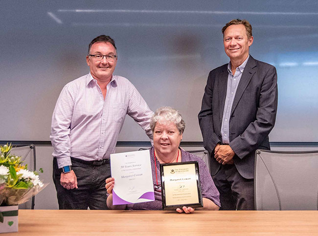 his is an image of Deputy Executive Dean Professor Phil Bodman, award-winner Margaret Cowan and Executive Dean Professor Andrew Griffiths