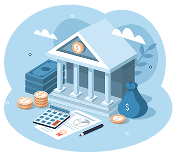 vector art of a columned building surrounded by a calculator, a notepad and money.