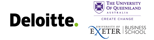 Logos for Deloitte, The University of Queensland and the University of Exeter Business School