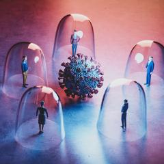 illustration of humans trapped in dome surrounding covid-19 virus