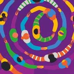 vector image, top down view of people joined hand in hand with a spiral. 