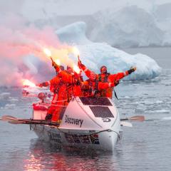 This is an image of UQ graduate Cameron Bellamy and his crew as they rowed the Drake Passage