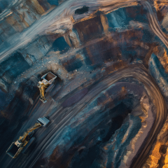 Birds eye view of coal mine at sunset
