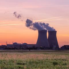 Sunset over the nuclear reactor of Doel in the Port of Antwerp, Belgium.