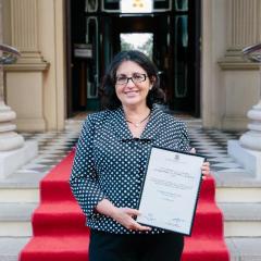 The award winning Dr Frédérique Bracoud on the steps of Customs House.
